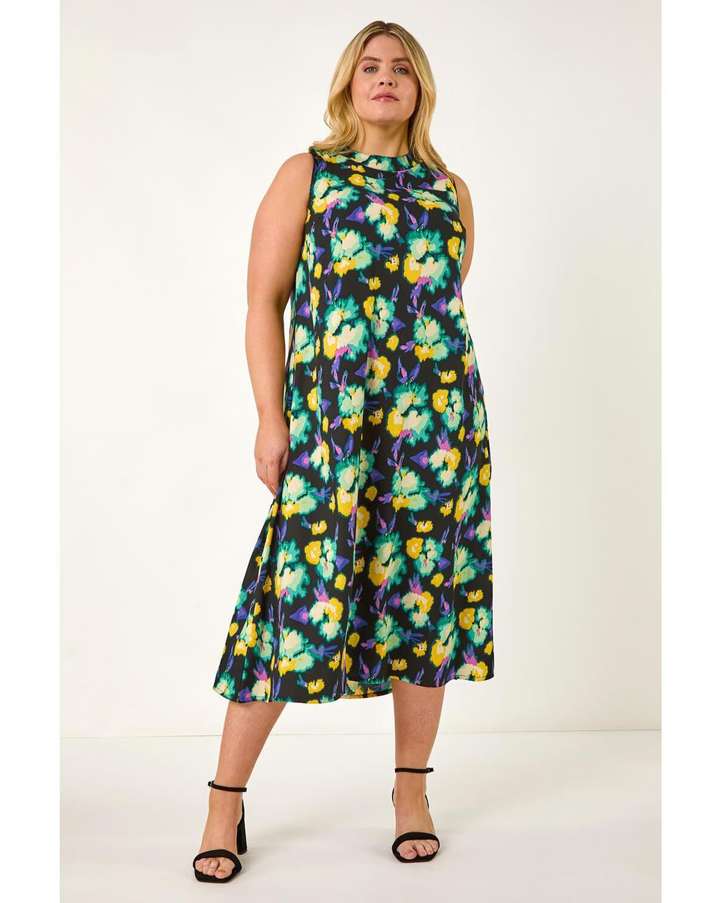 Roman Curve Green Highneck Floral Midi Dress