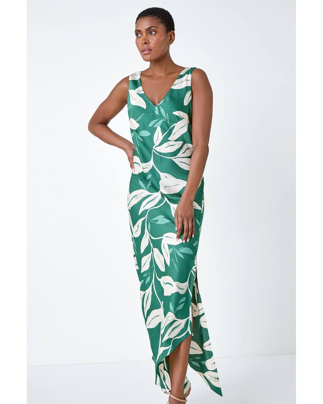 Roman Green Leaf Print Satin Bodycon Midi Dress