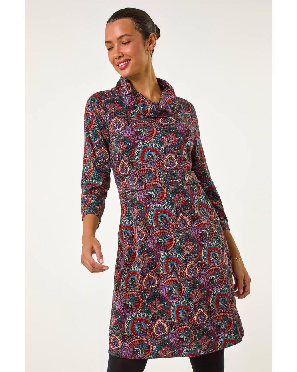 Roman Red Abstract Cowl Tab Detail Dress