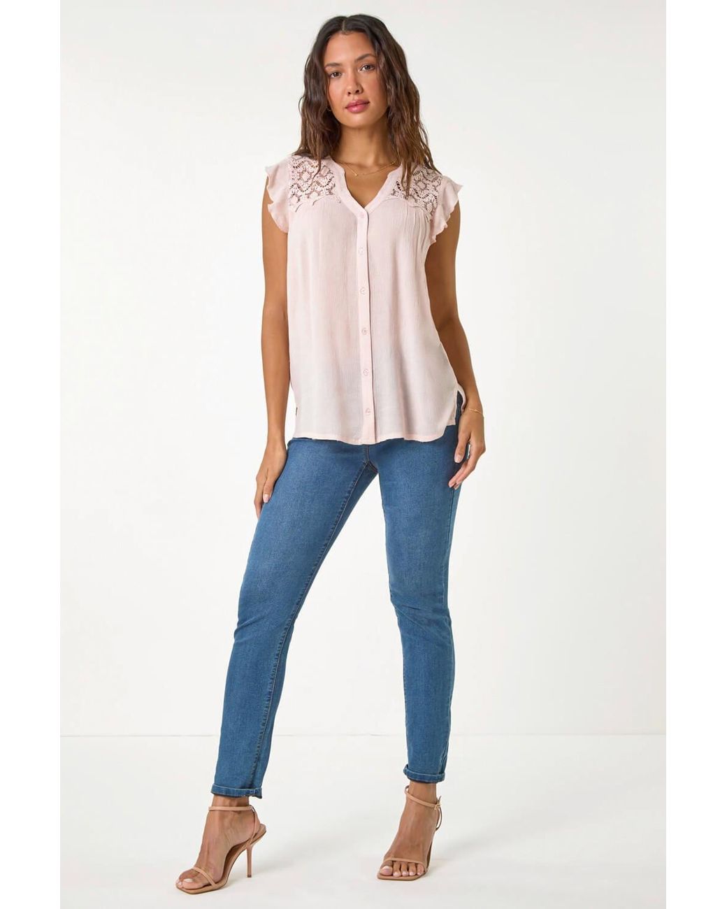 Roman White Sleeveless V-Neck Lace Detail Blouse