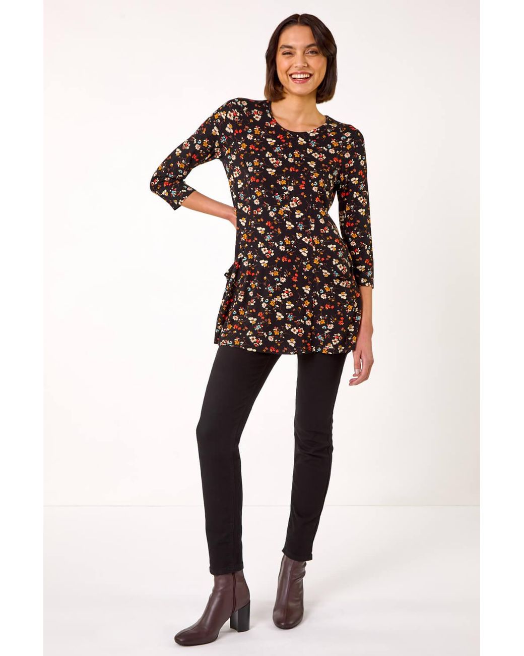 Roman Black Floral Print Pocket Detail Tunic