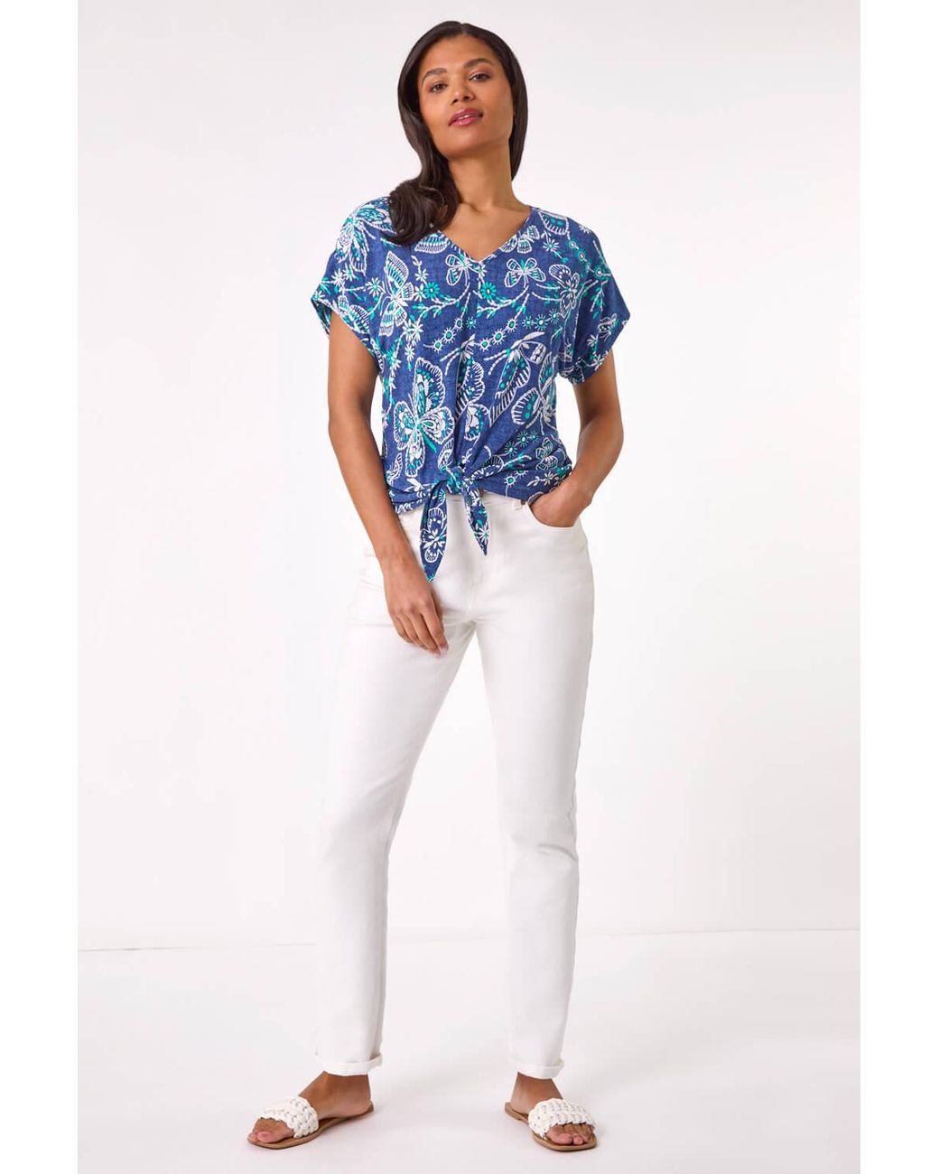 Roman Blue Textured Print Tie Hem Top