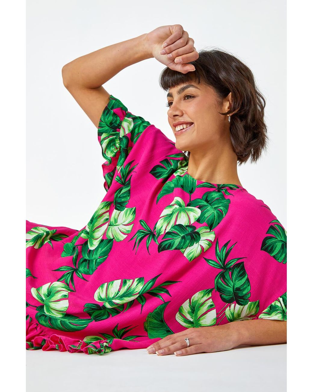 Roman Pink Palm Print Frill Detail Oversized Top