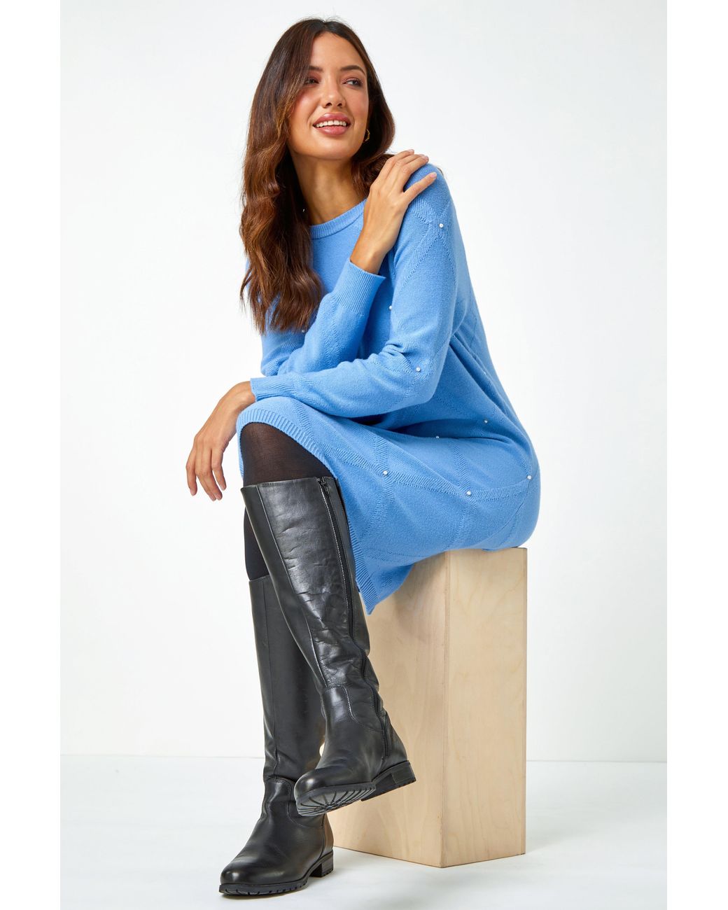 Roman Blue Pearl Embellished Jumper Dress
