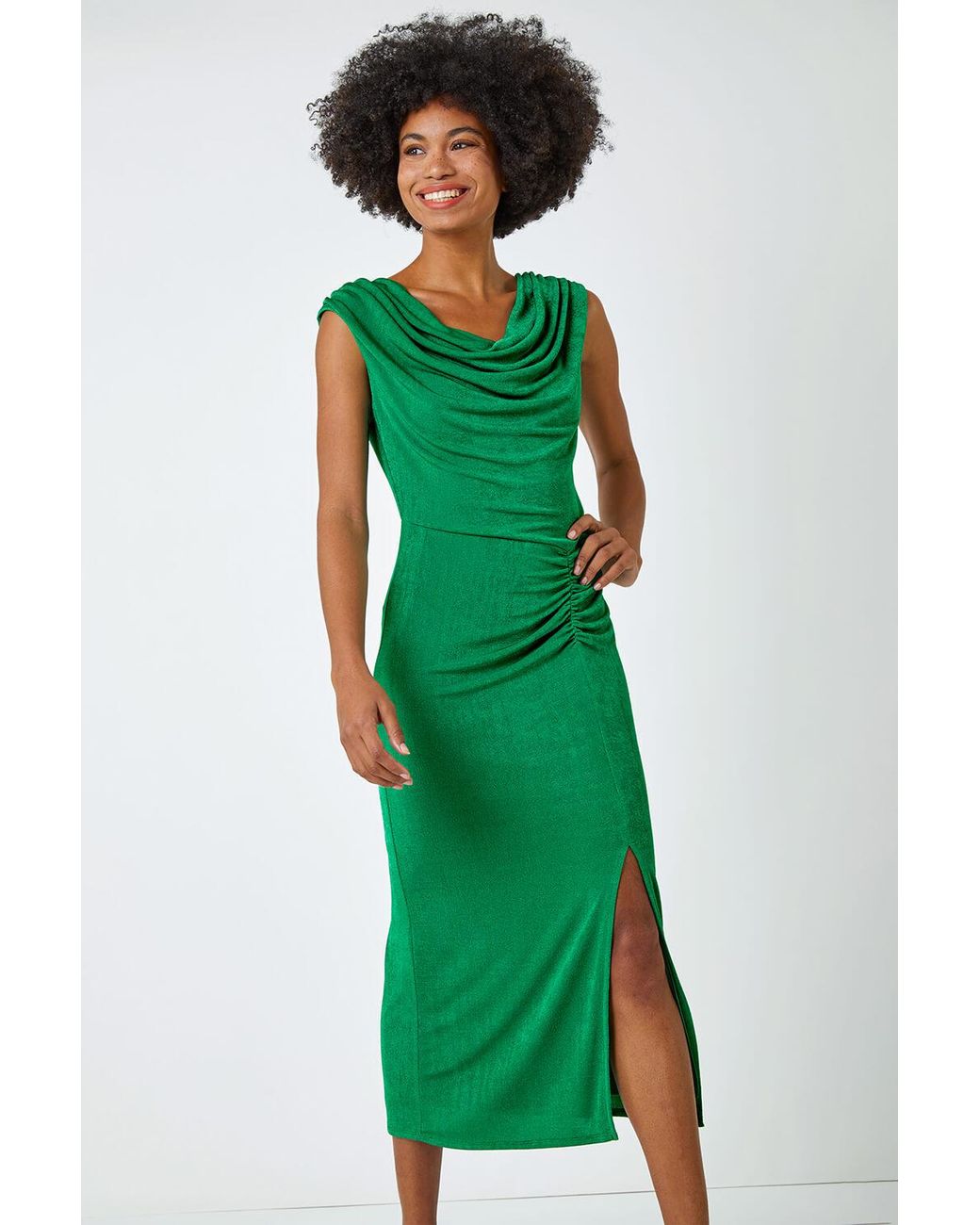 Roman Green Cowl Neck Ruched Midi Dress