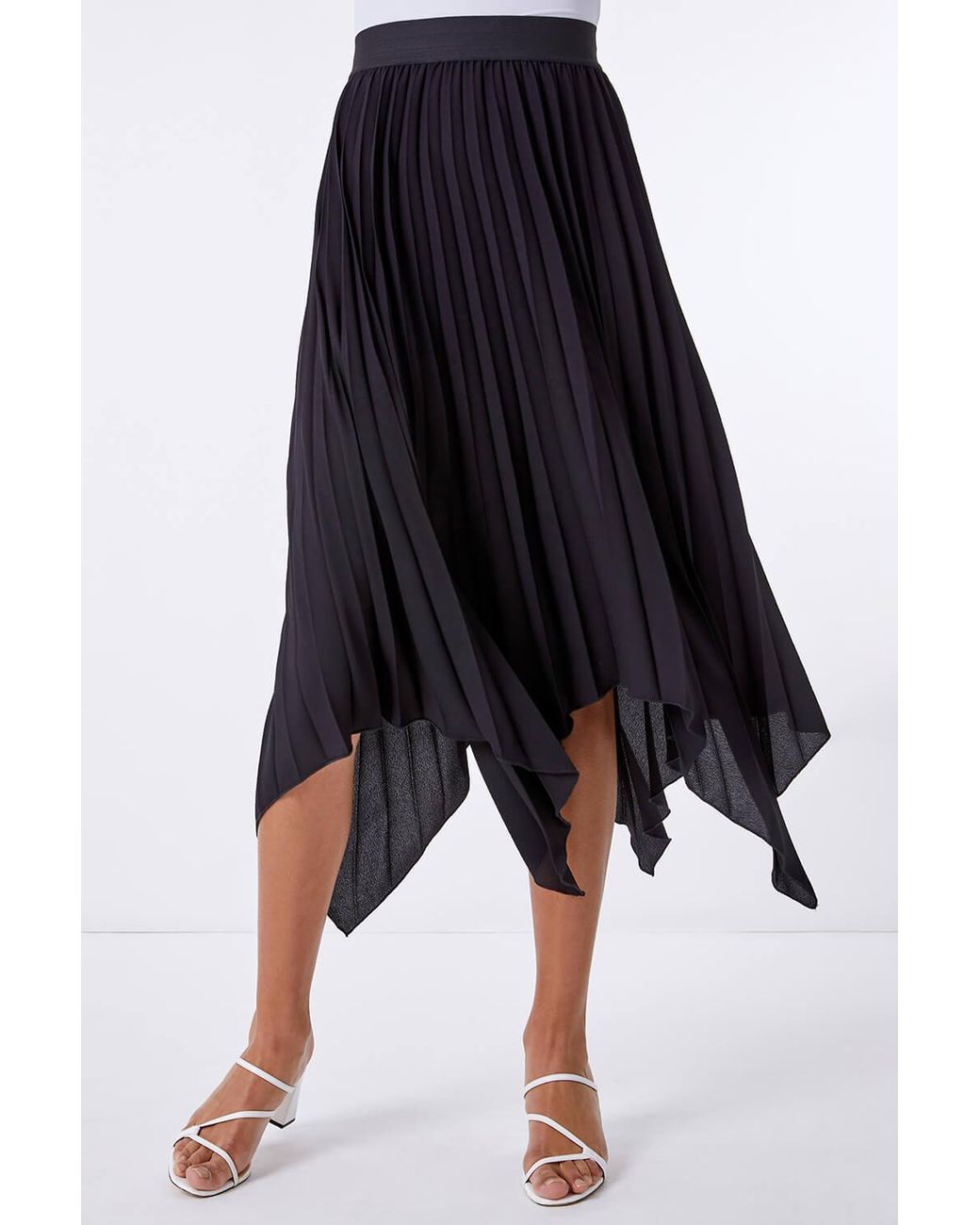 Roman Black Pleated Hanky Hem Midi Skirt