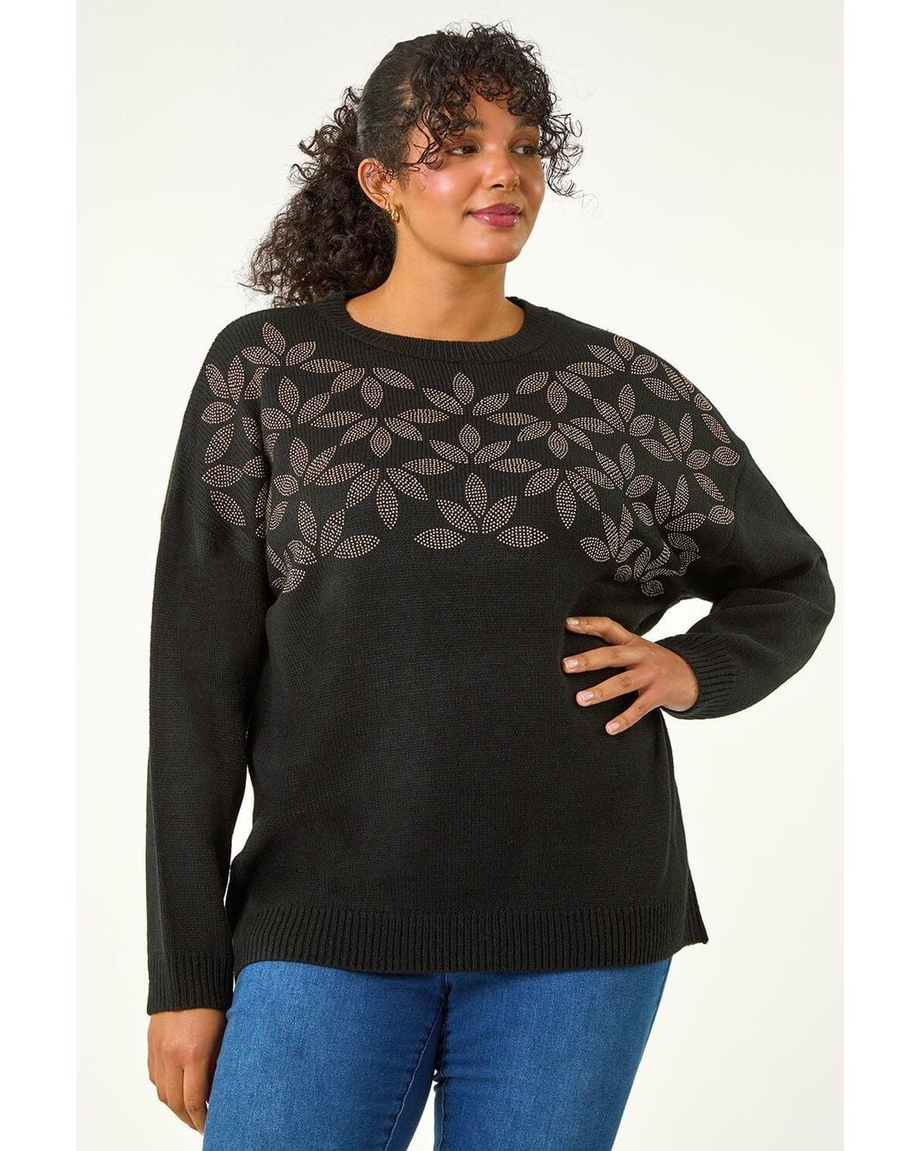 Roman Curve Black Leaf Print Hotfix Knit Jumper