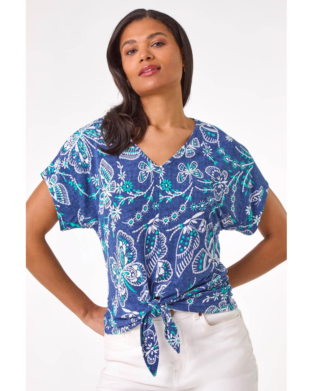 Roman Blue Textured Print Tie Hem Top