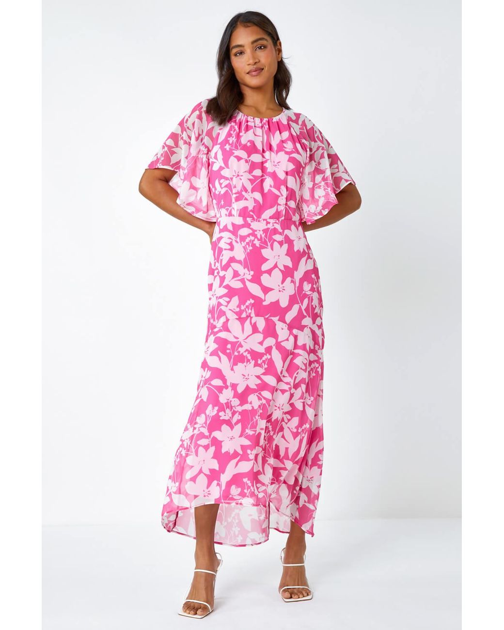 Roman Pink Floral Frill Detail Chiffon Midi Dress