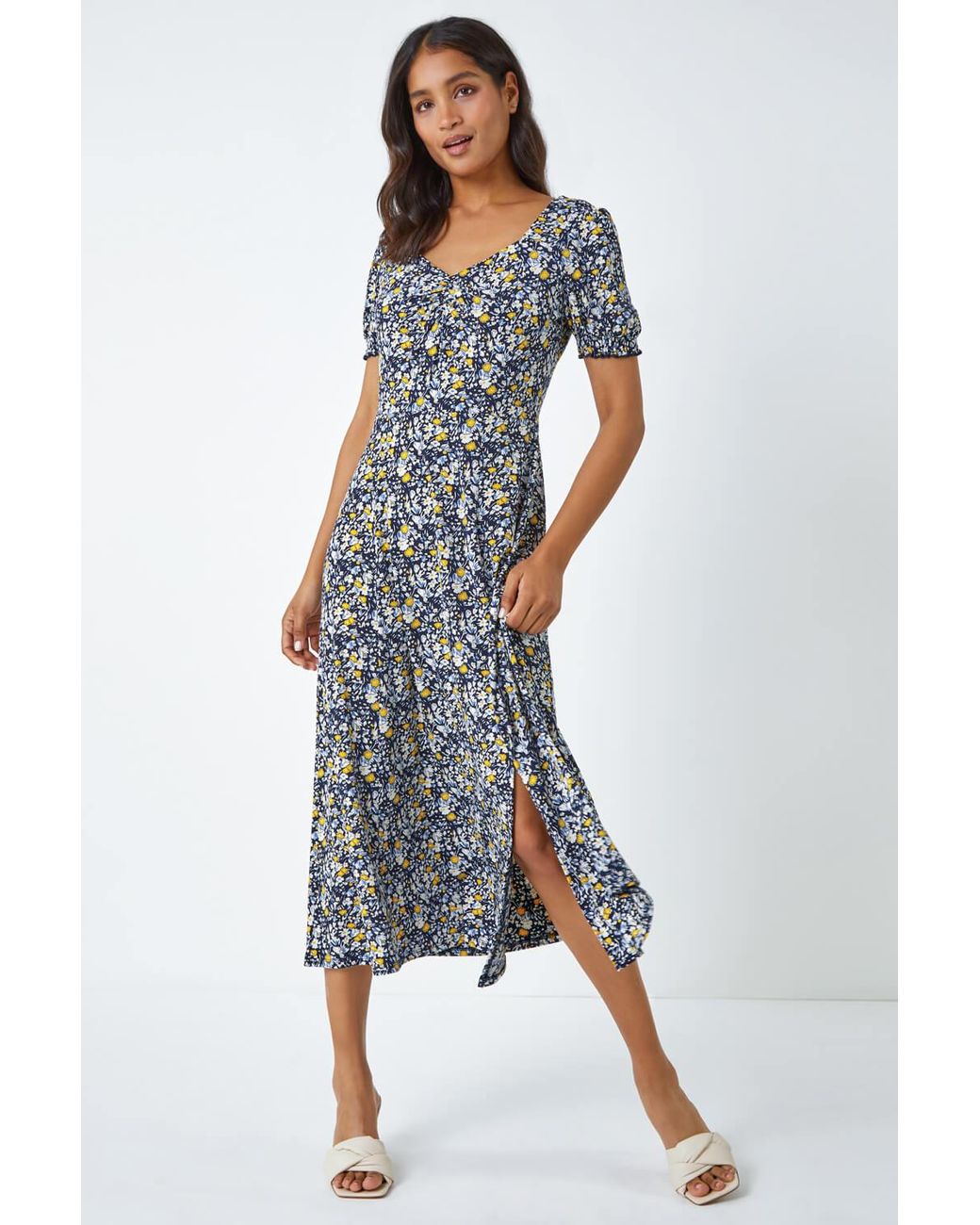 Roman Blue Ditsy Floral Ruched Maxi Dress