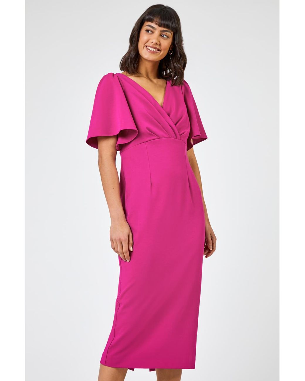 Roman Pink Gathered Wrap Front Midi Dress