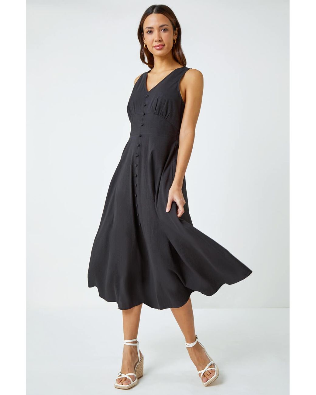 Roman Black Sleeveless Button Detail Cotton Midi Dress