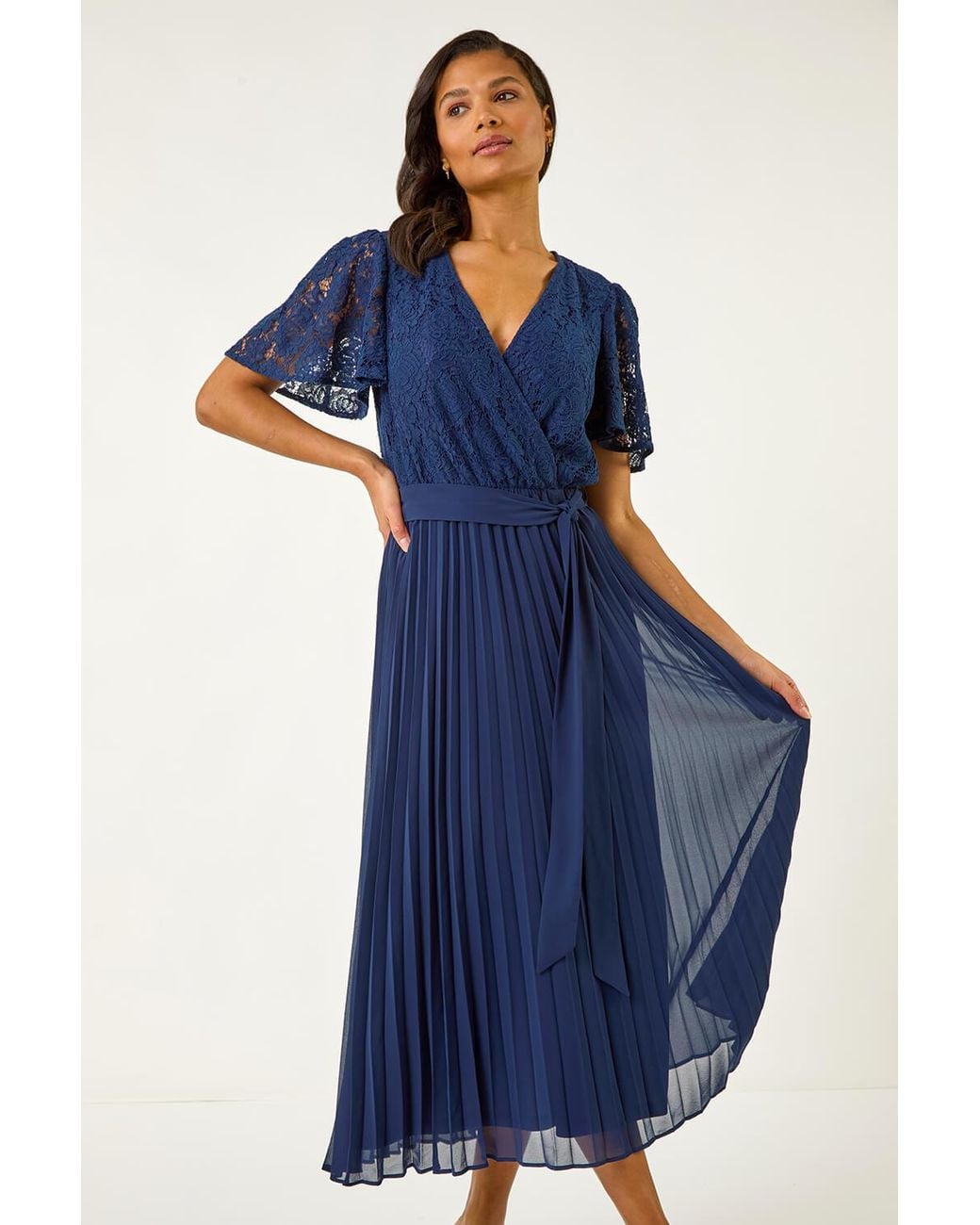 Roman Blue Lace Detail Wrap Midi Dress
