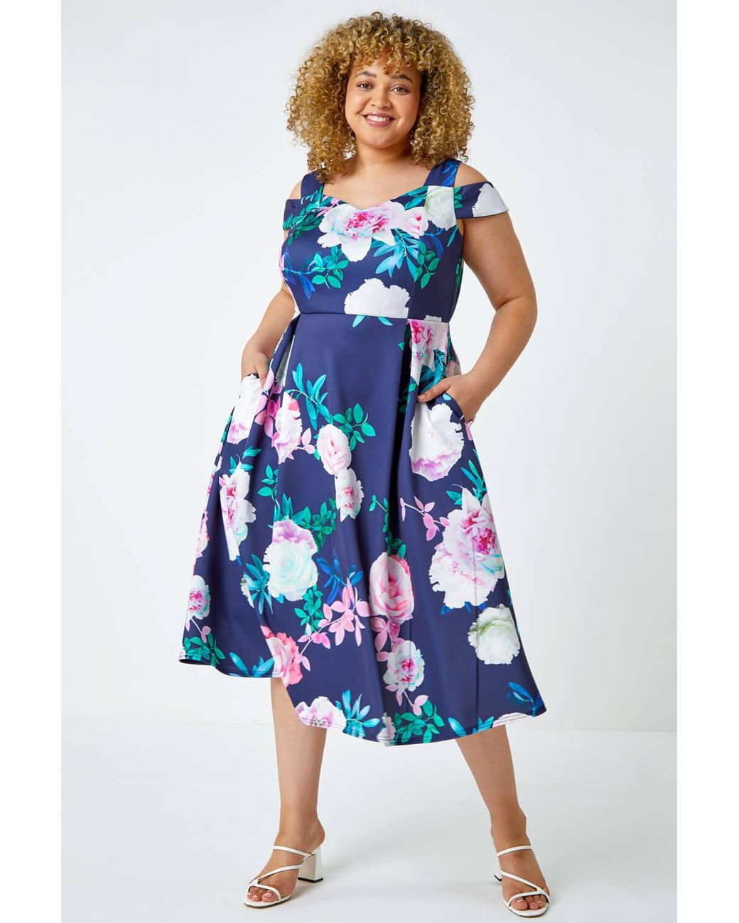 Roman Curve Blue Premium Stretch Floral Dress