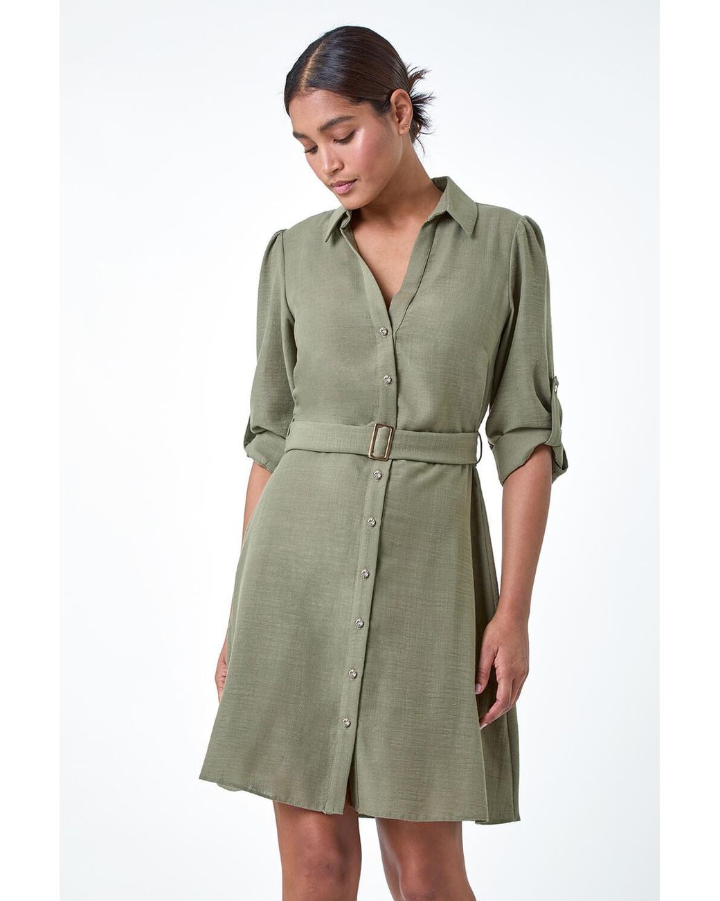 Roman Green Short Belted Shirt Dress