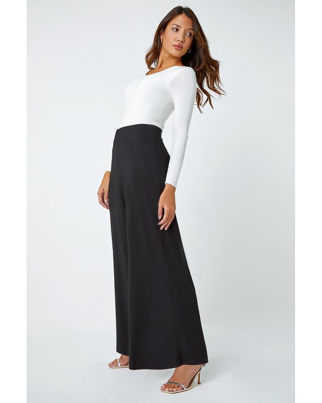 Roman Black Wide Leg High Waisted Stretch Fit Palazzo Trousers