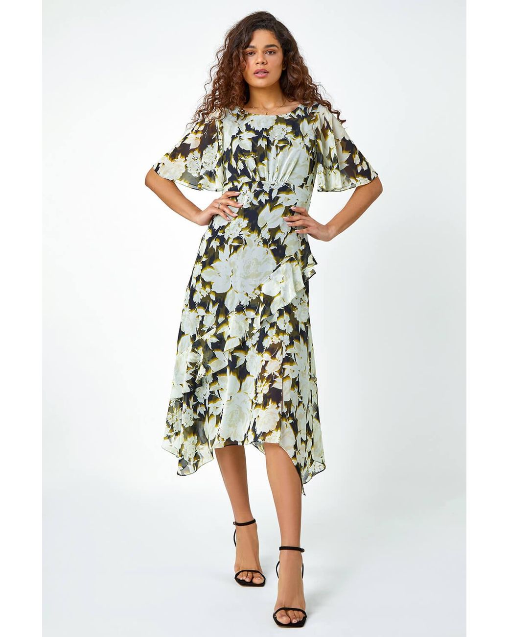 Roman Green Floral Chiffon Tiered Asymmetric Midi Dress