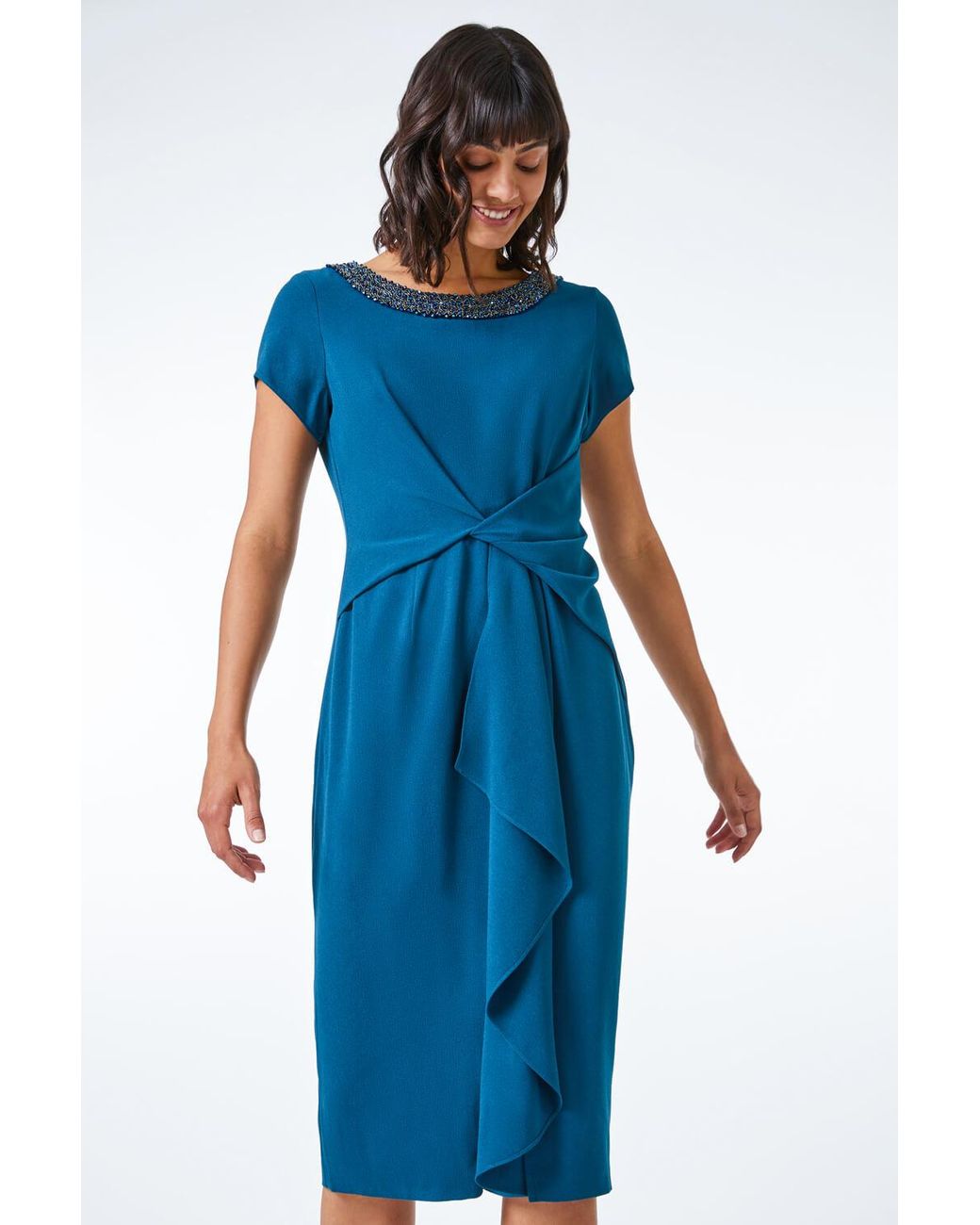 Roman Blue Embellished Twist Waist Stretch Ruched Dress