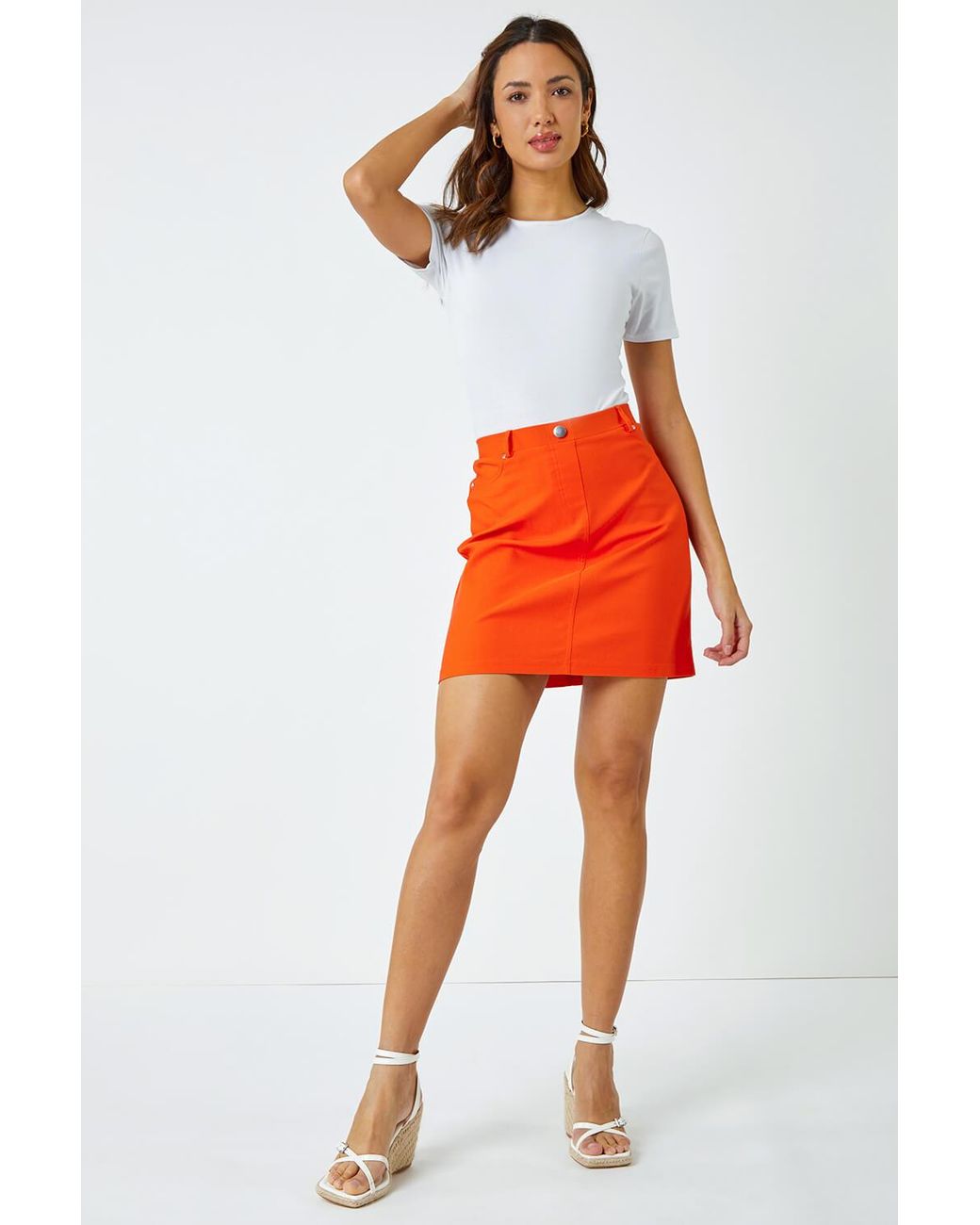 Roman Orange Elastic Waist Straight Stretch Skirt