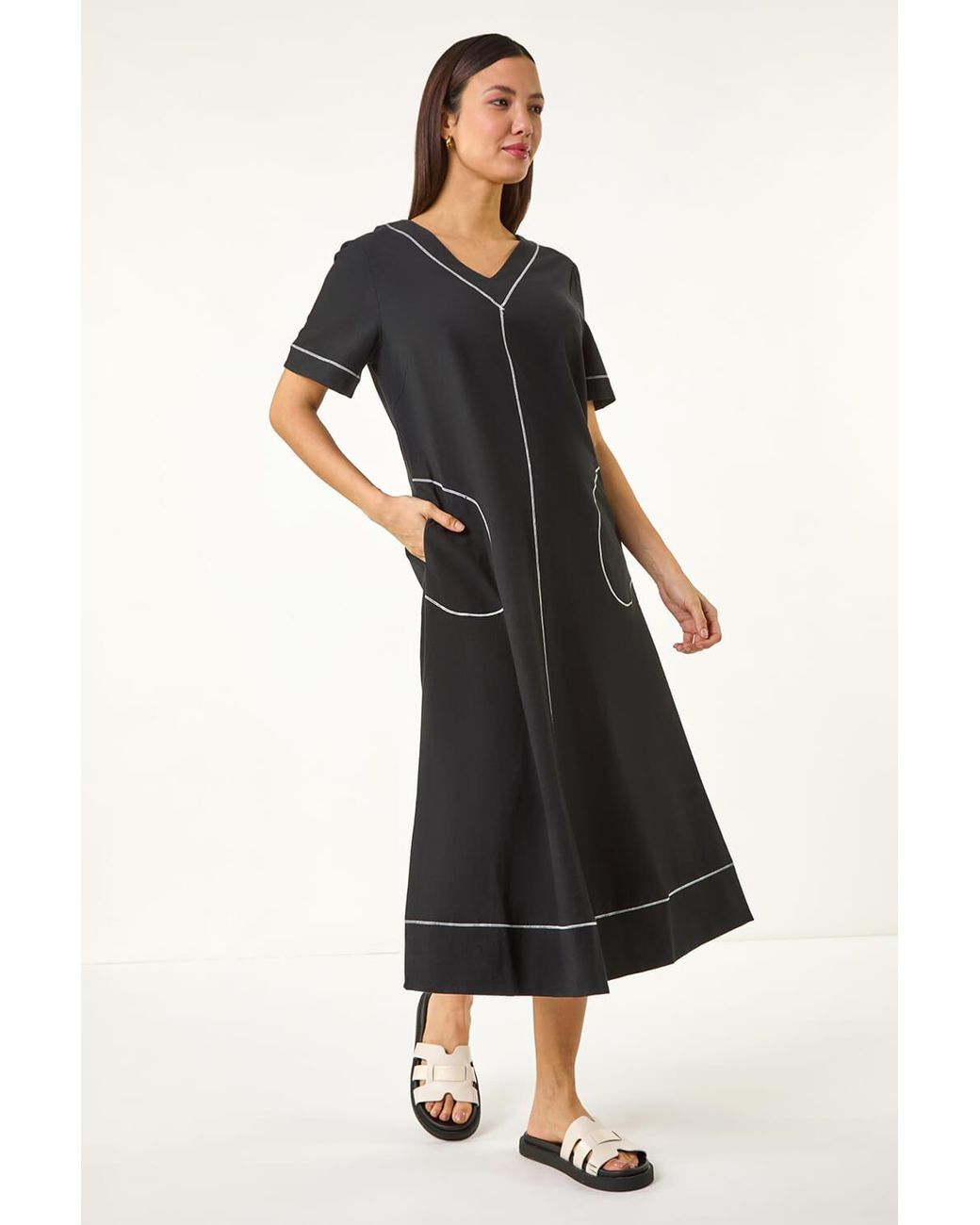 Roman Black Contrast Stitch Detail A-Line Dress