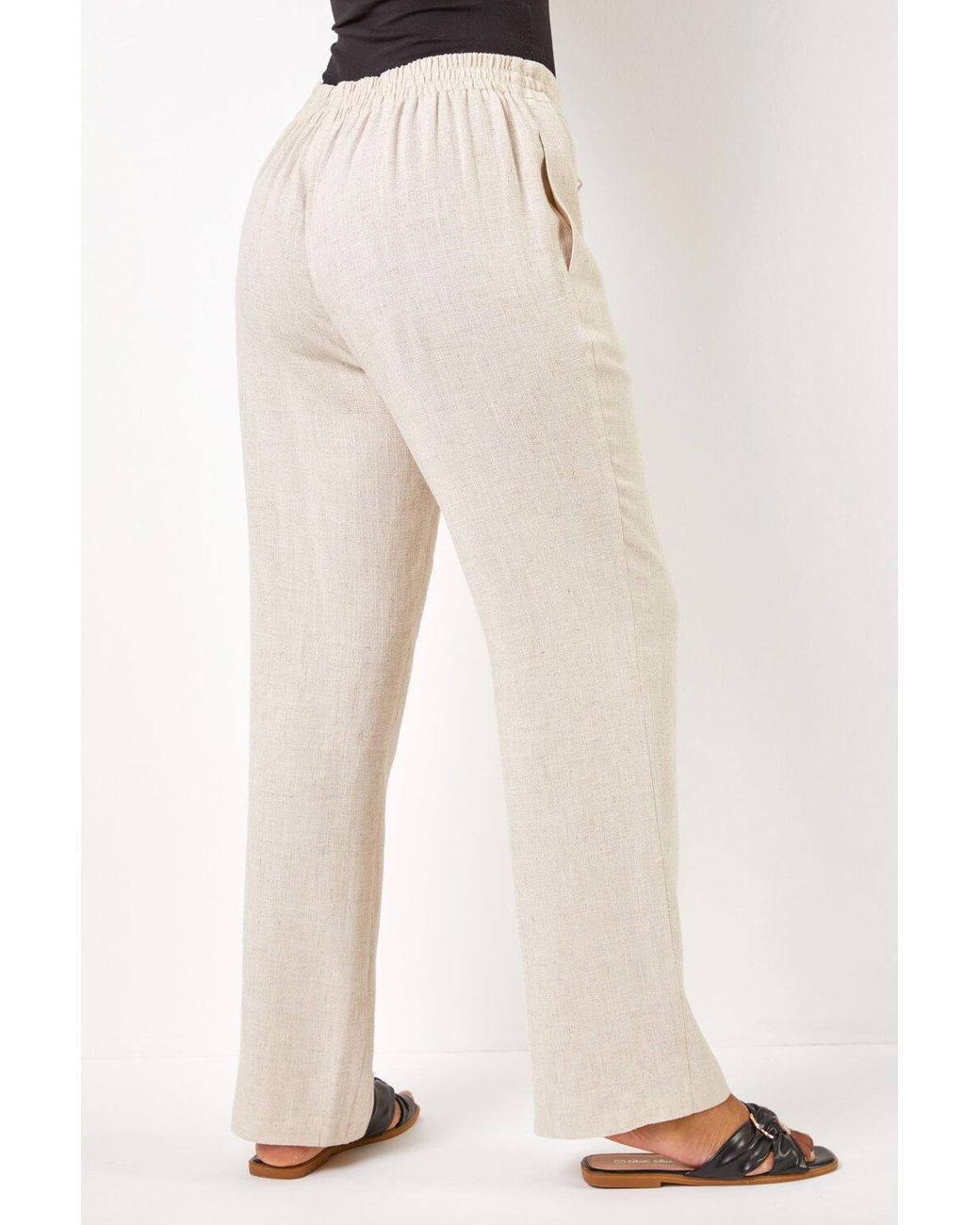 Roman Petite Natural Linen Mix Elastic Waist Tie Front Trousers