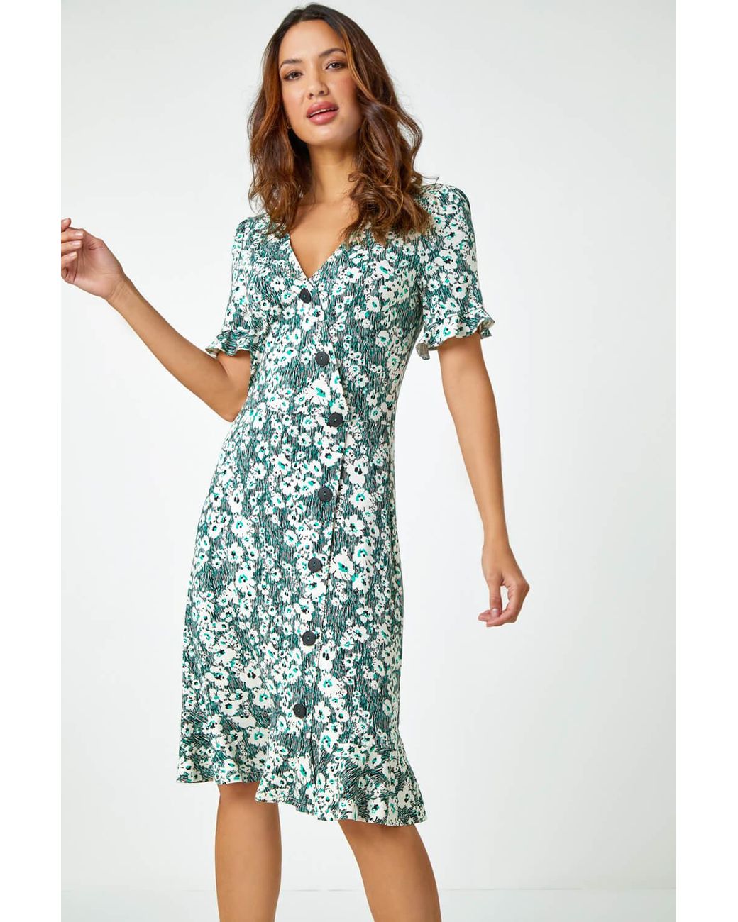 Roman Blue Stretch Floral Print Button Tea Dress