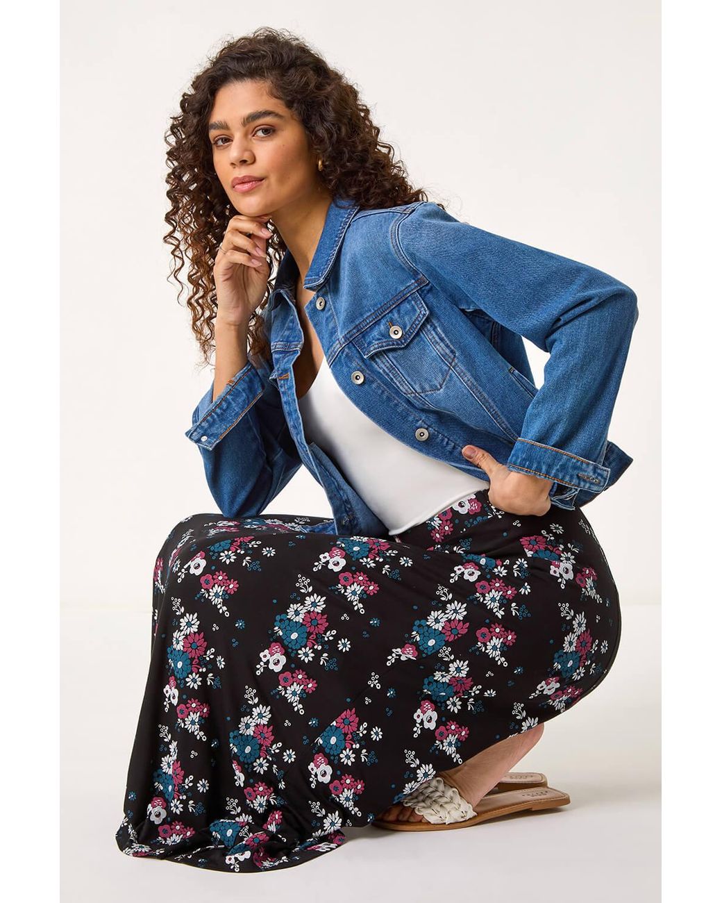 Roman Blue Diagonal Ditsy Floral Print Skirt
