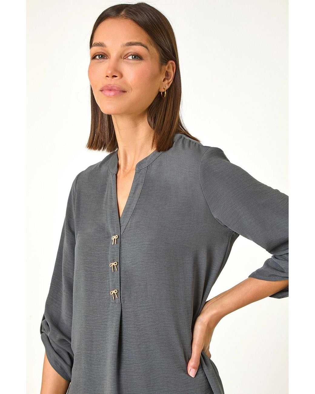 Roman Gray Longline Bow Button Woven Top