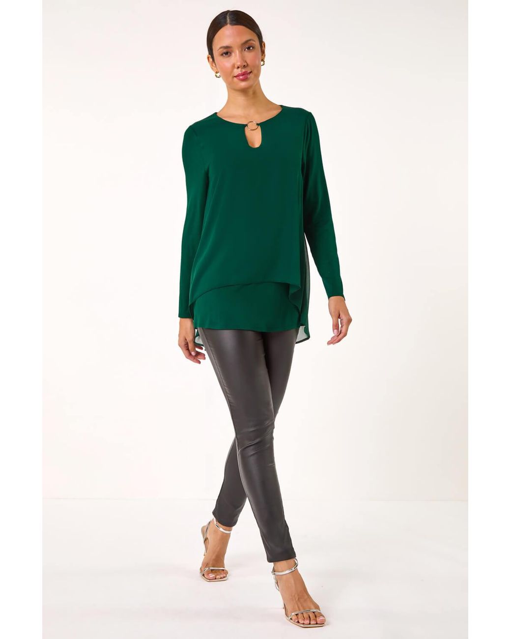 Roman Green Ring Front Chiffon Overlay Tunic Top