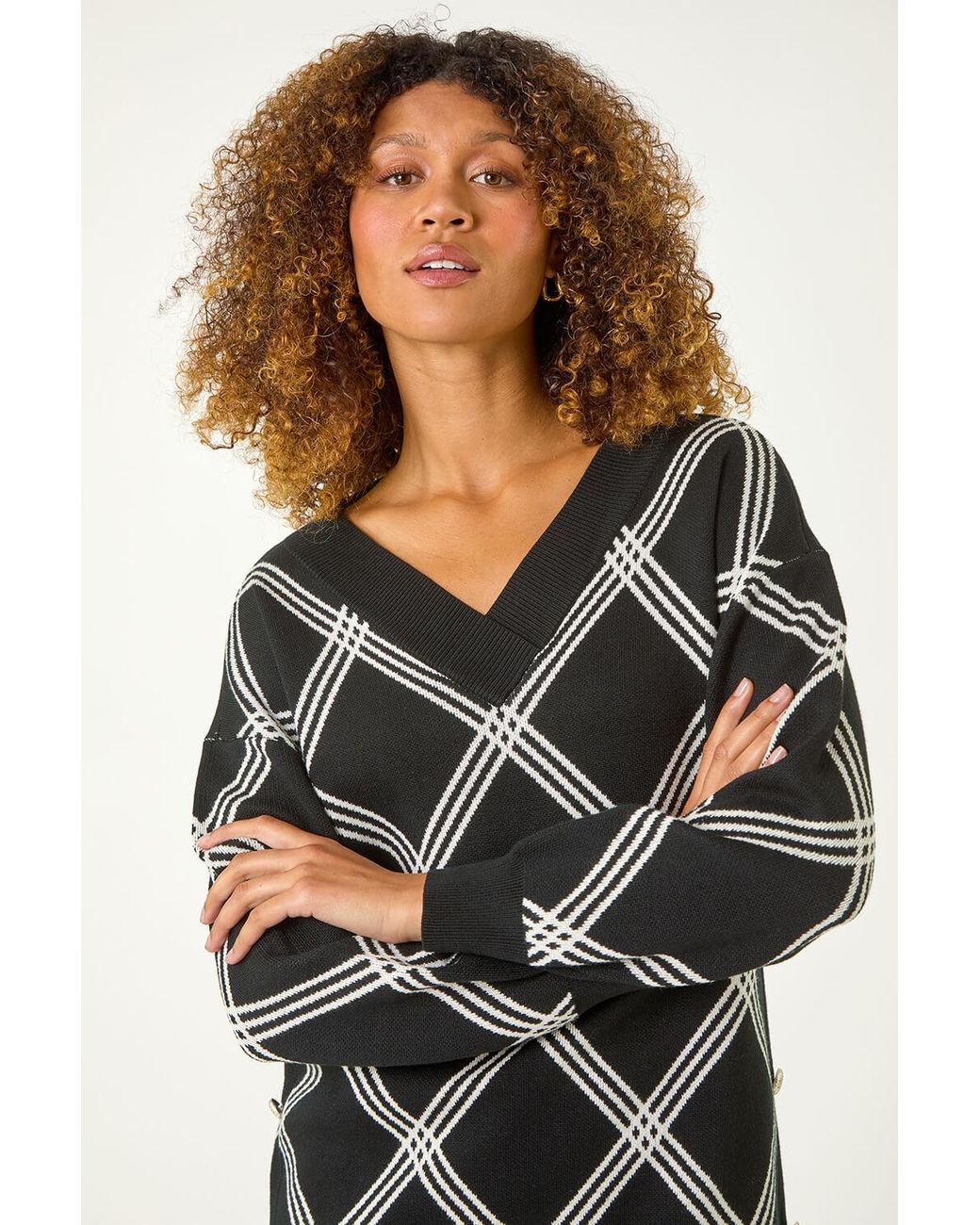 Roman Black Check Patterned V-Neck Knit Jumper