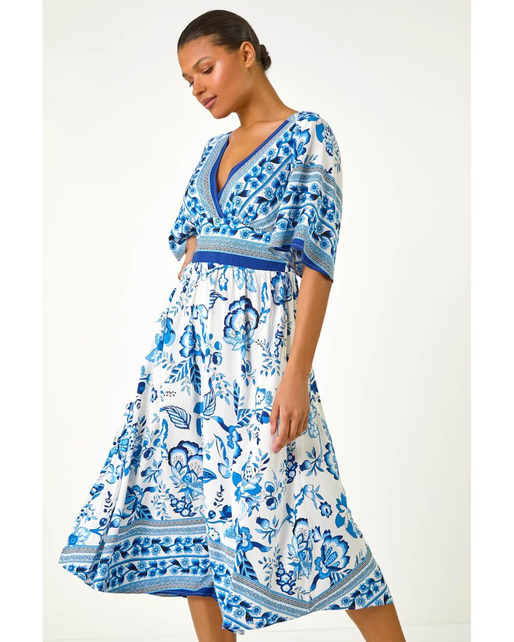 Roman Blue Floral Border Print Pocket Midi Dress