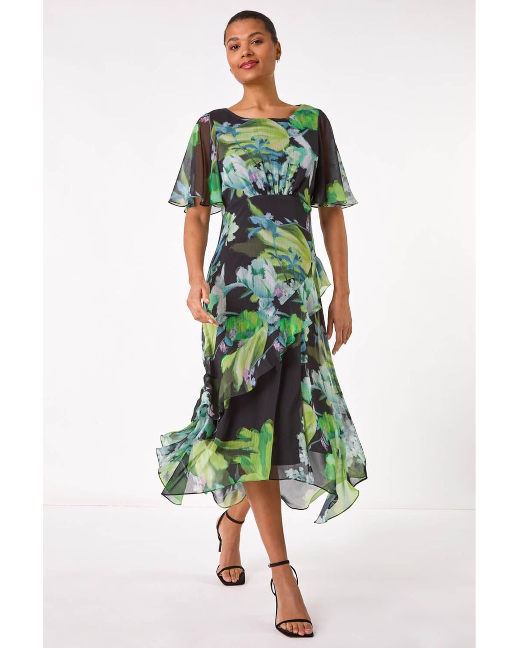 Roman Green Botanical Floral Frill Dress