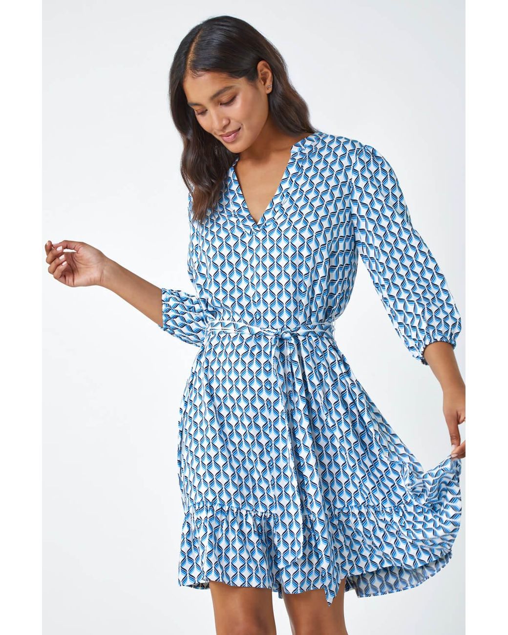 Roman Blue Geometric Print Frill Hem Dress
