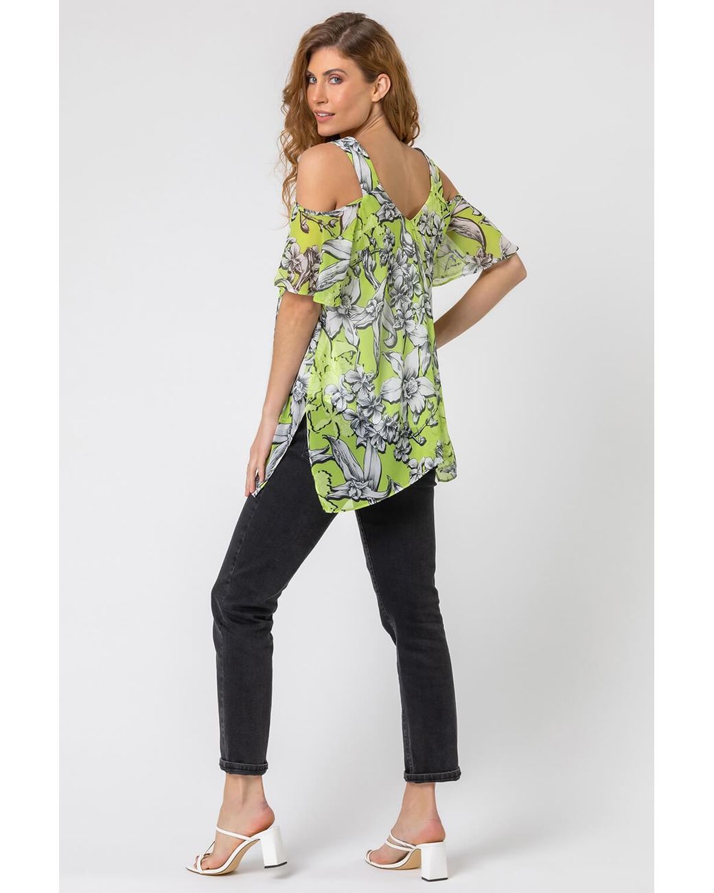 Roman Multicolor Linear Floral Print Cold Shoulder Top