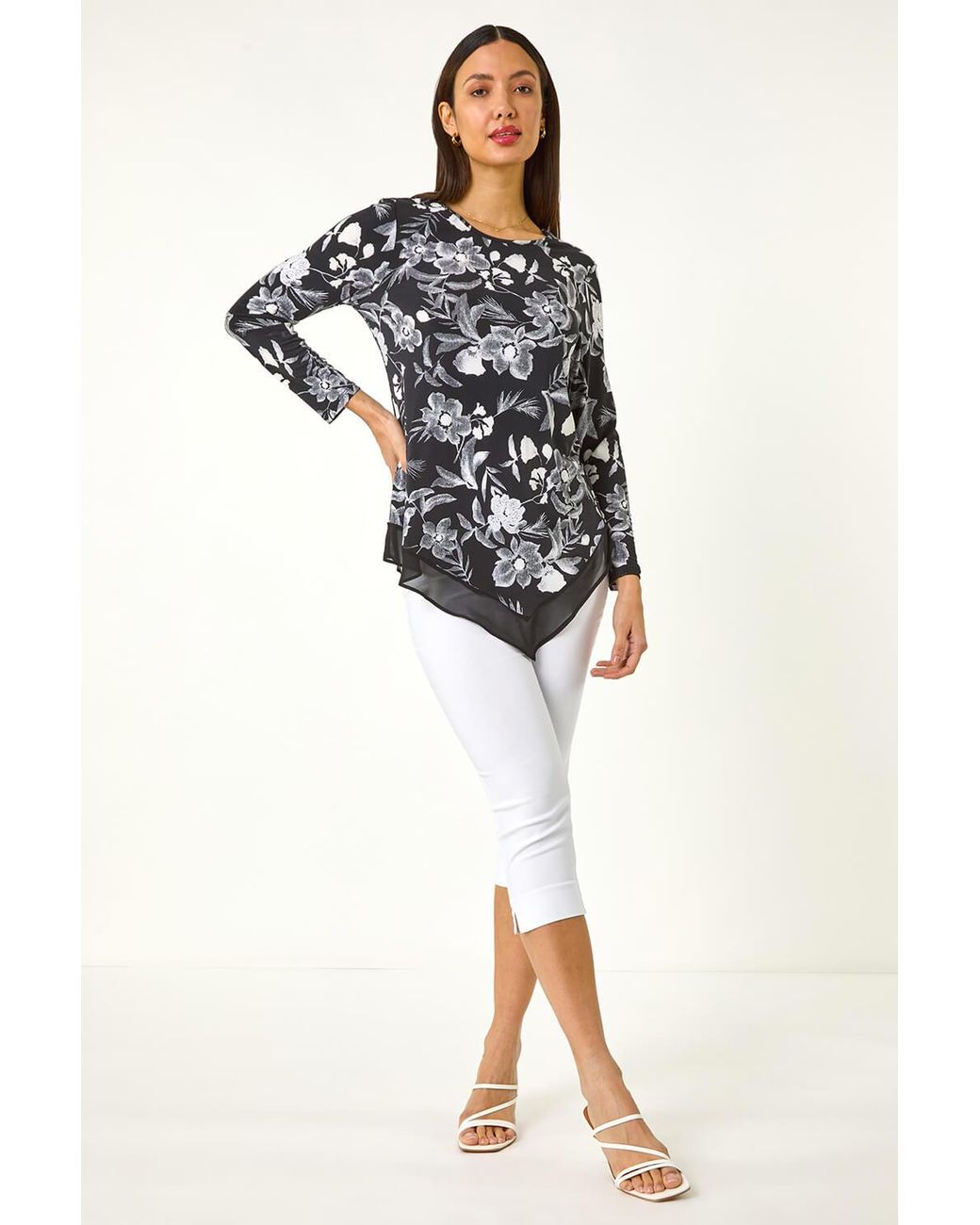 Roman Black Floral Print Chiffon Hem Stretch Top
