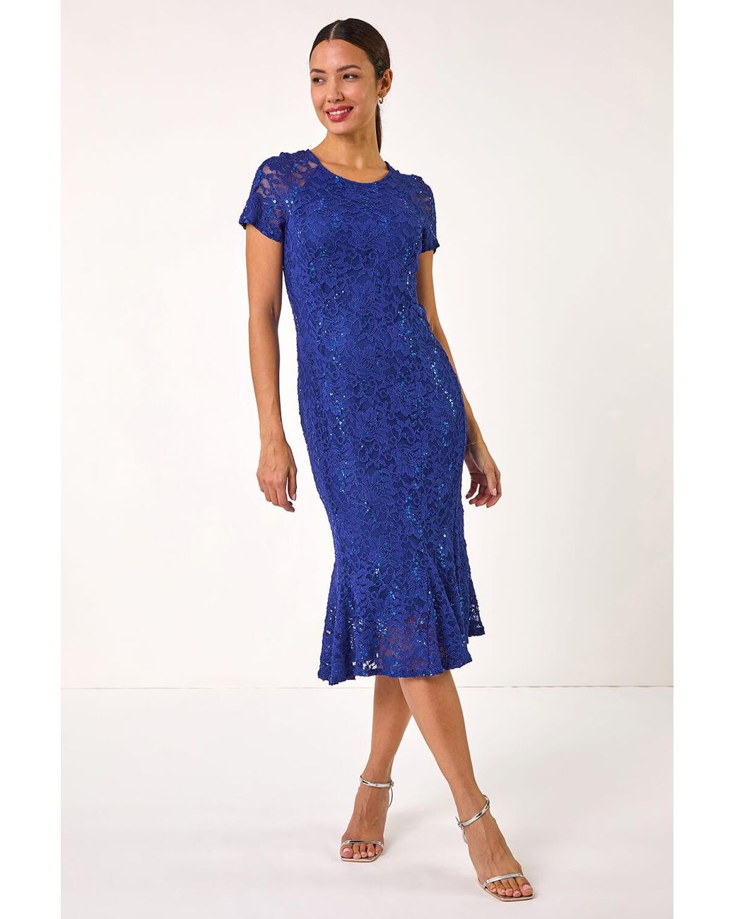 Roman Blue Full Sequin Lace Maxi Dress