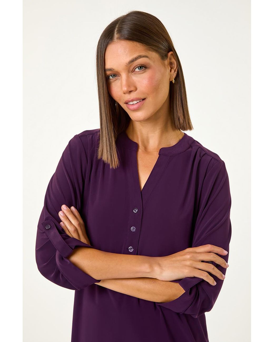 Roman Purple V-Neck Button Detail Stretch Shirt
