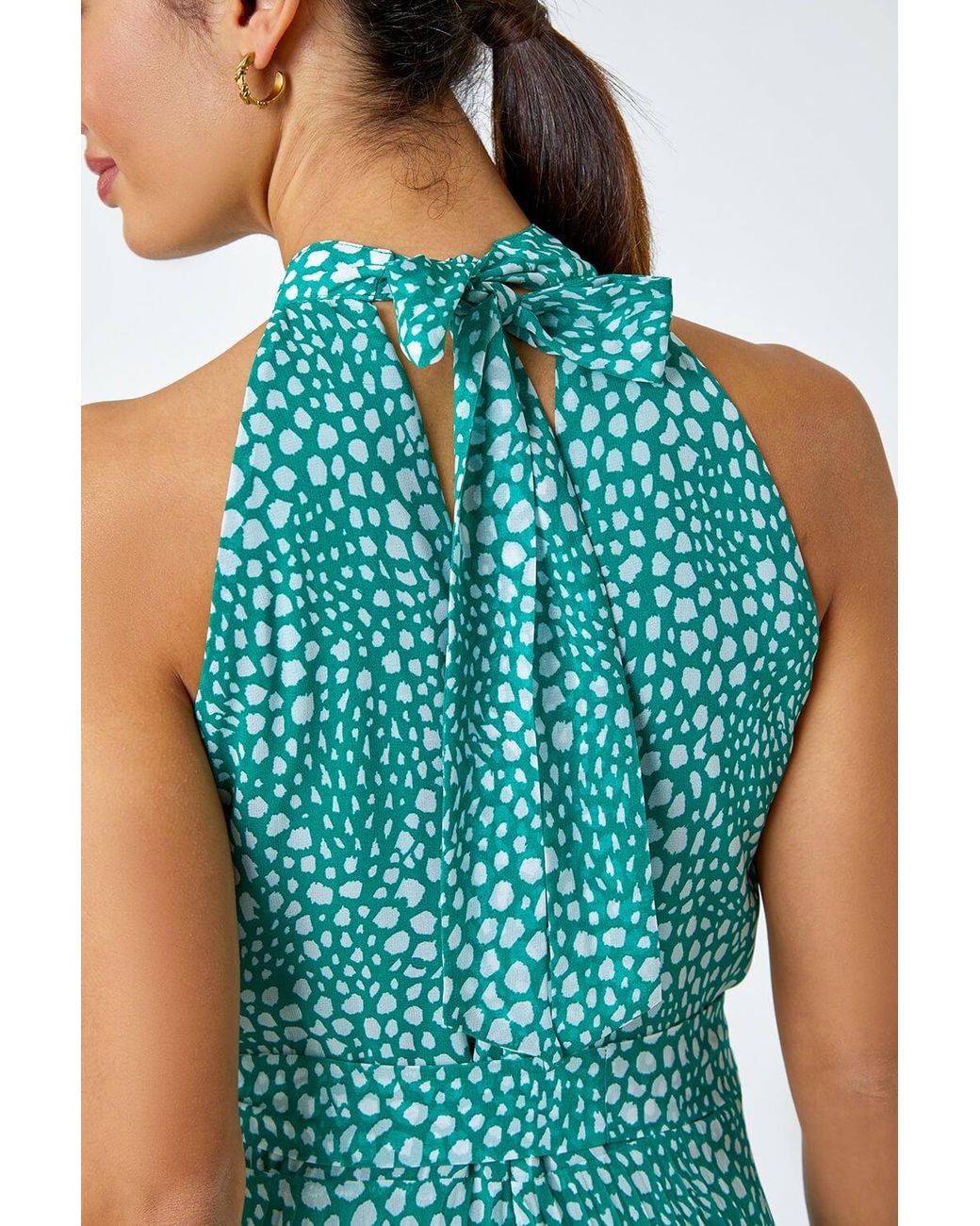 Roman Blue Spot Print Halter Neck Midi Dress