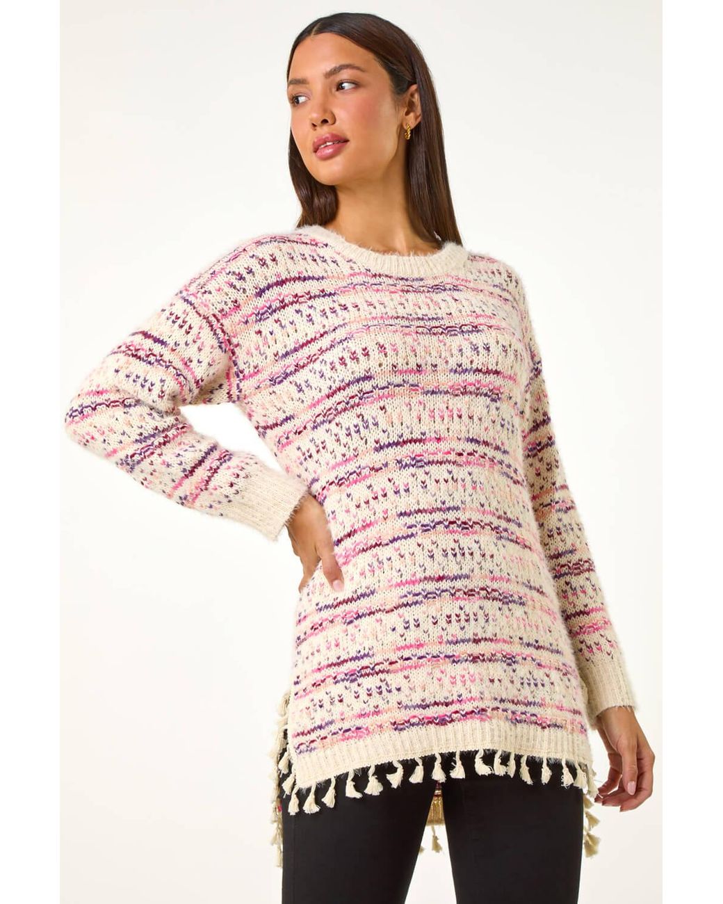 Roman Pink Boucle Fringe Hem Tunic Jumper