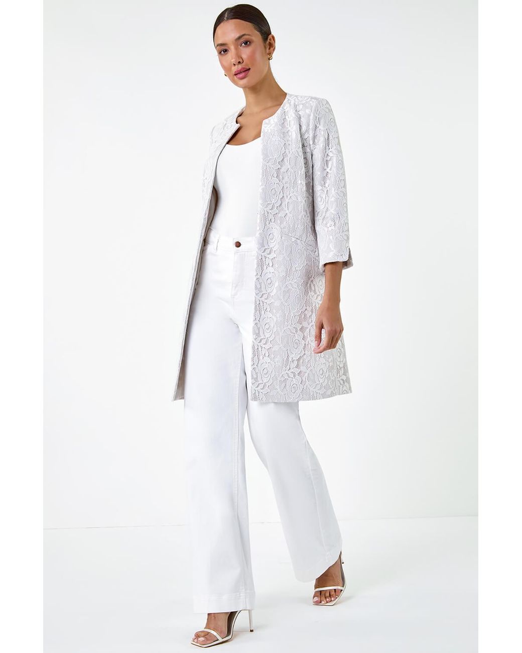 Roman White Lace Longline Formal Jacket