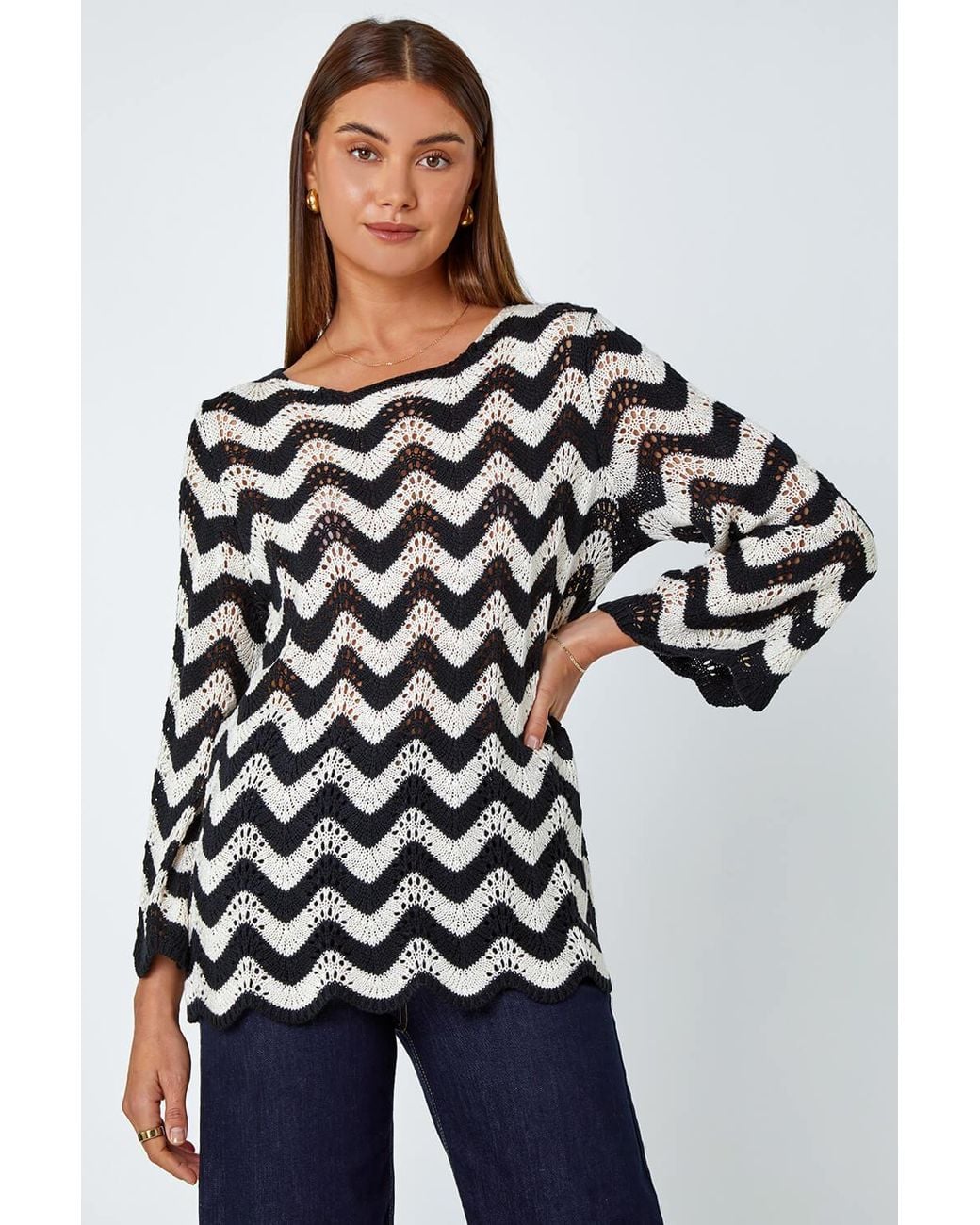Roman Black Striped Scallop Edge Tunic Jumper