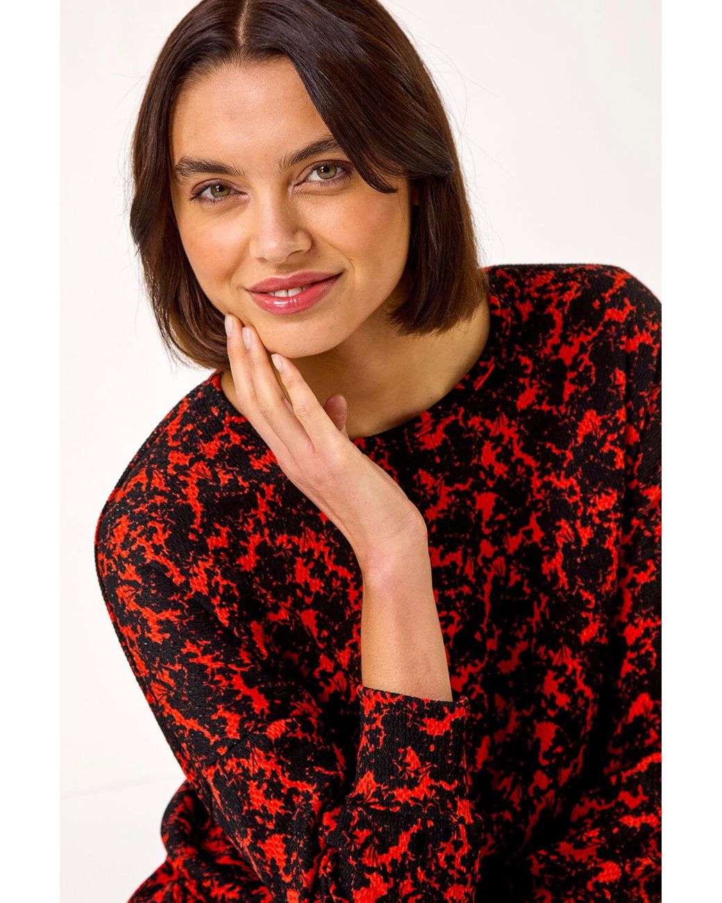 Roman Red Abstract Print Stretch Tunic Top