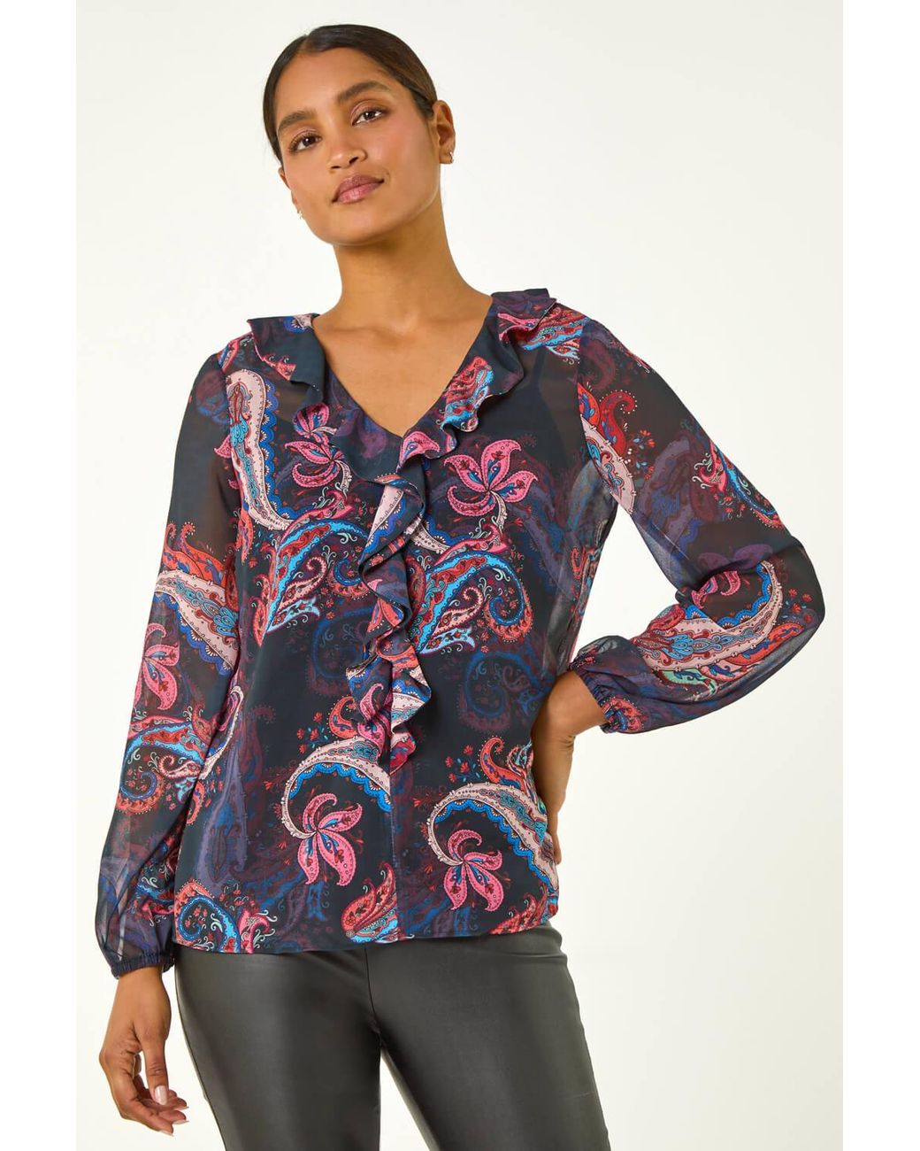 Roman Blue Paisley Print Frill Top