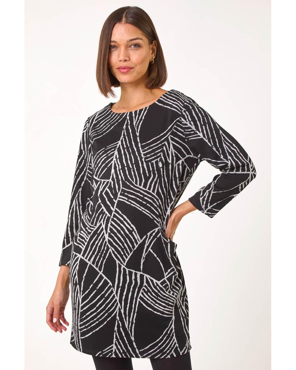 Roman Gray Abstract Print Pocket Detail Tunic Dress