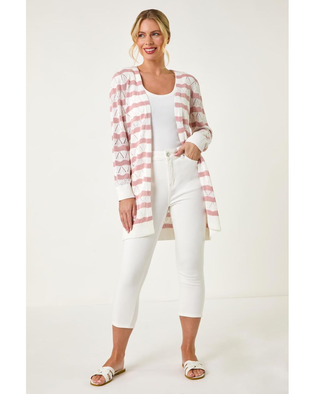 Roman Petite Pink Stripe Pointelle Knit Cardigan