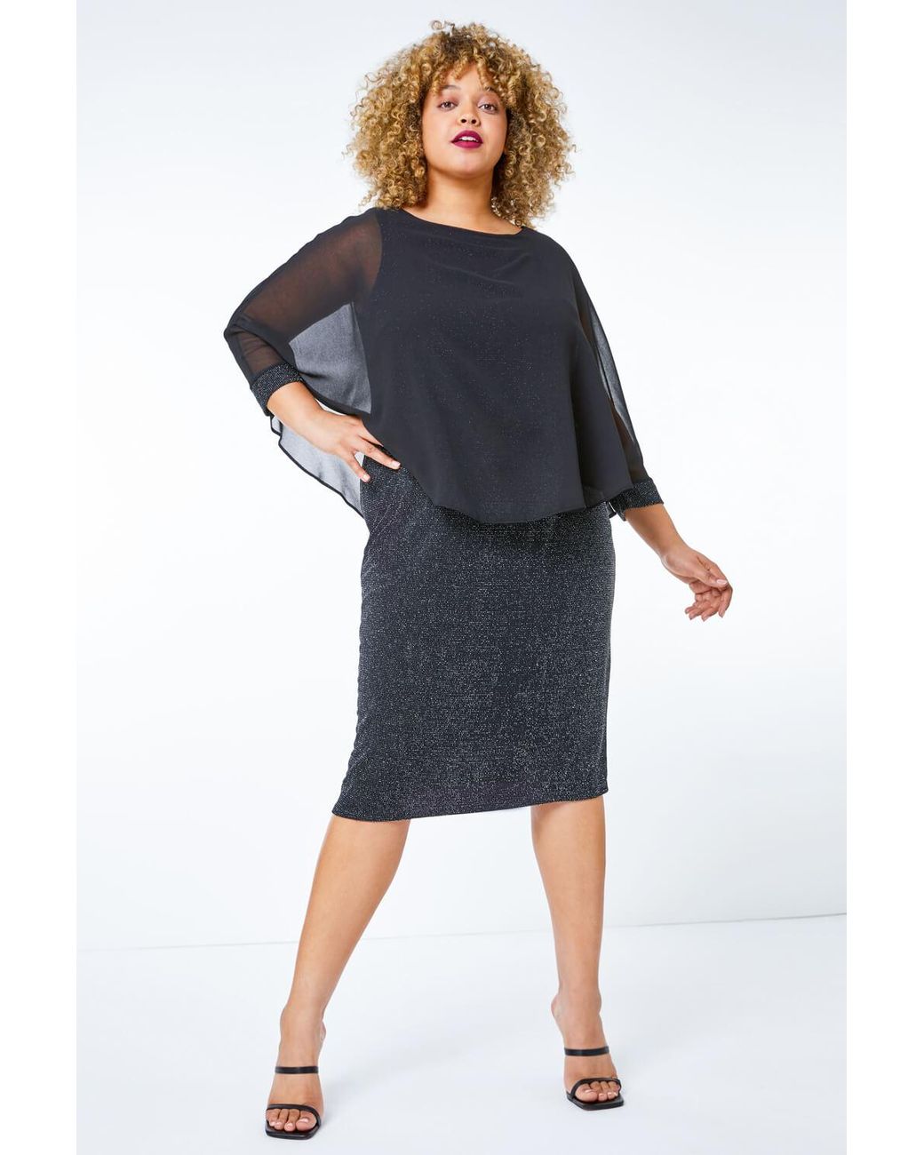 Roman Curve Metallic Chiffon Shimmer Overlay Dress