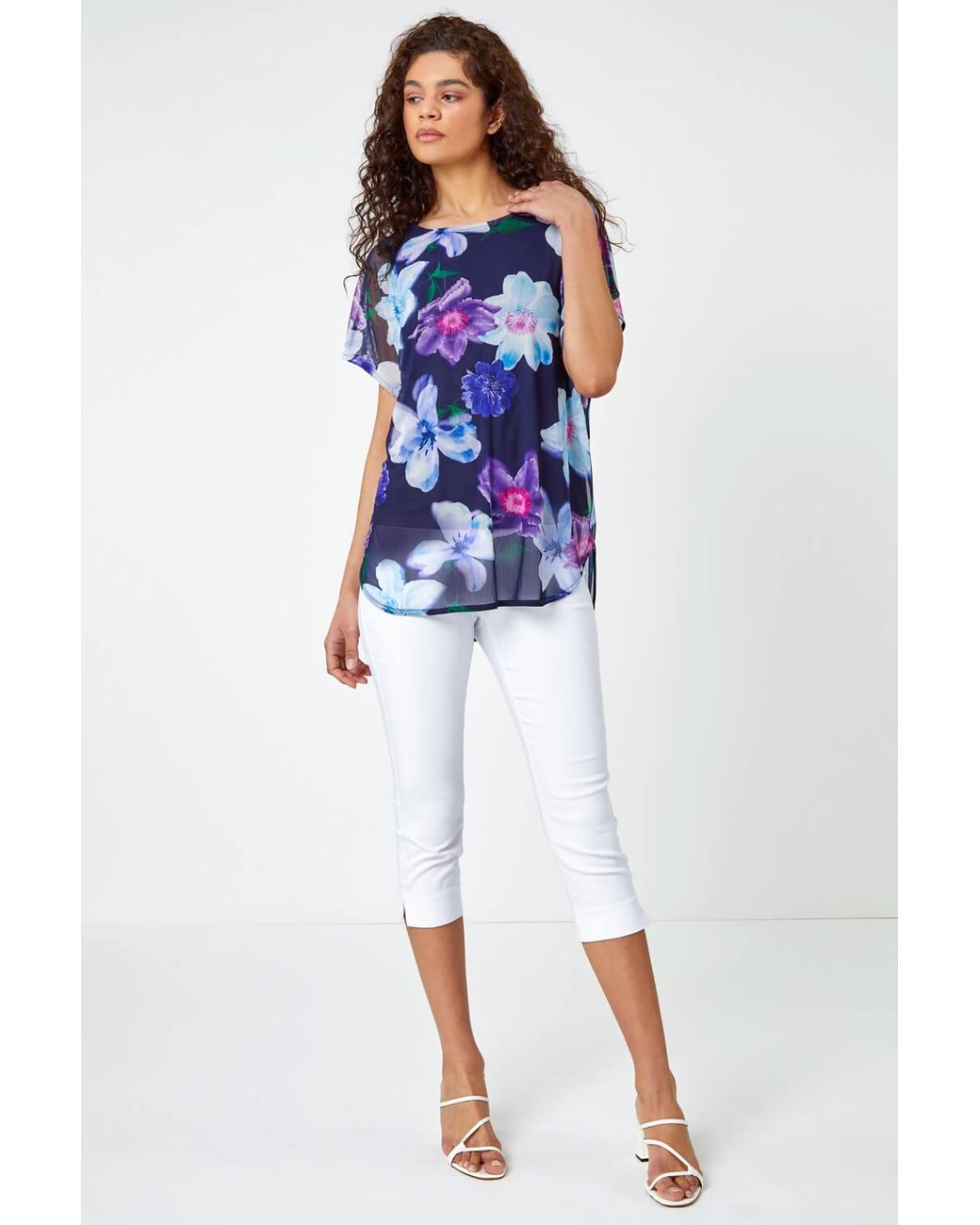 Roman Blue Floral Print Mesh Chiffon Overlay Top