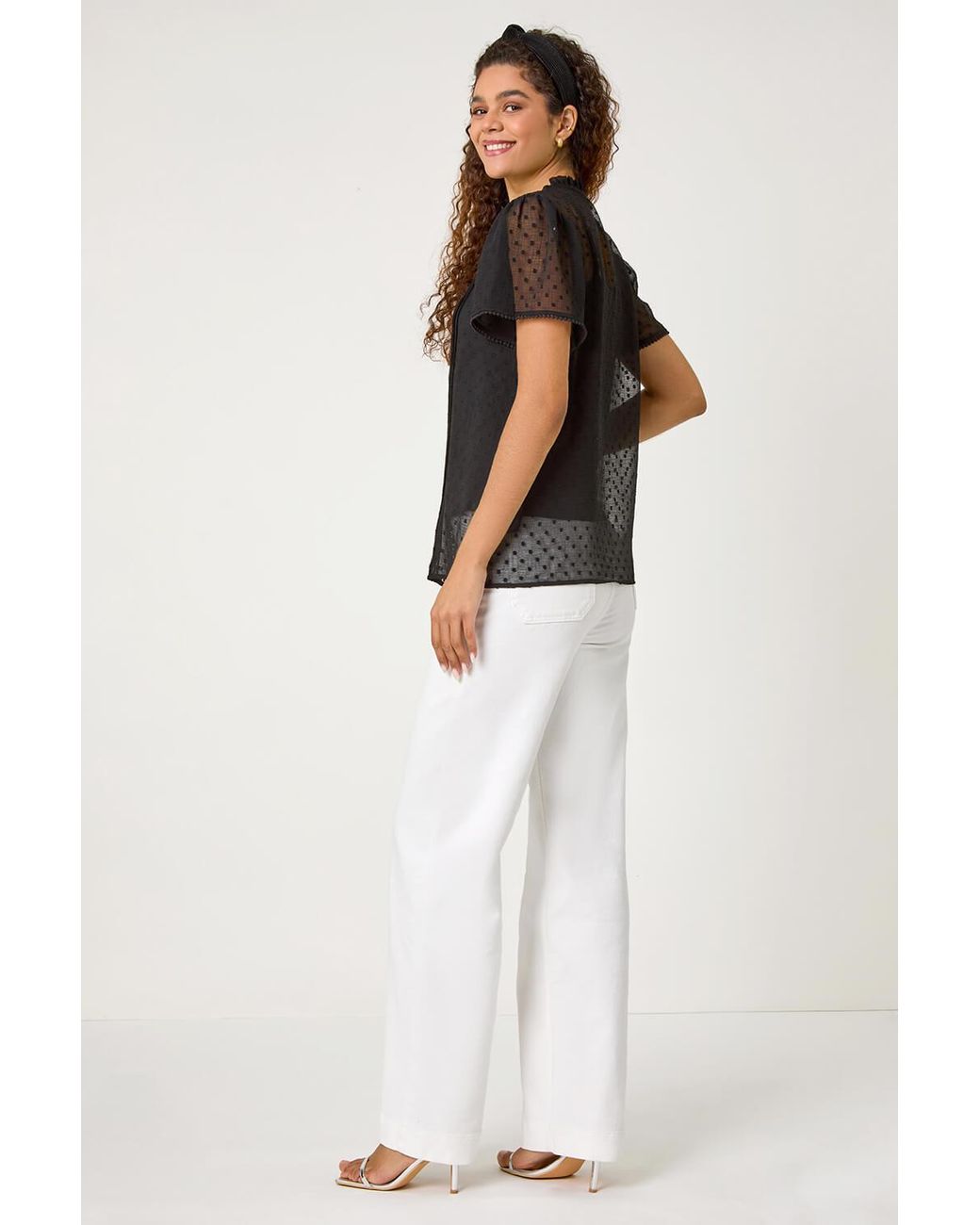 Roman Black Textured Spot Lace Trim Blouse
