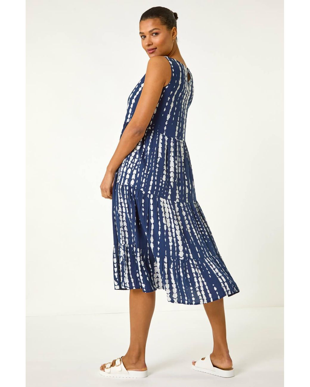 Roman Blue Tie Dye Print Smock Midi Dress