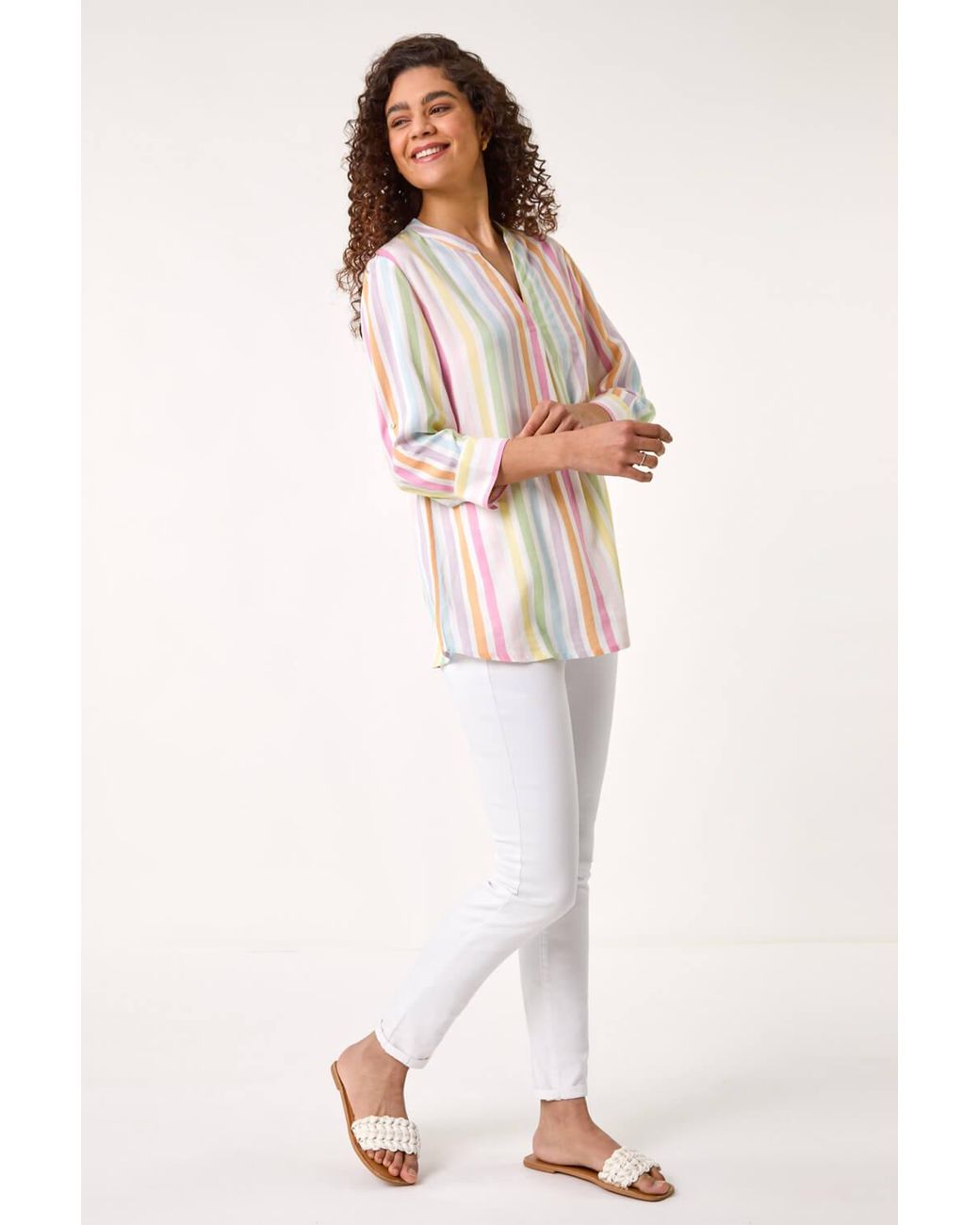 Roman Brown Stripe Print Pleat Detail Tunic Top